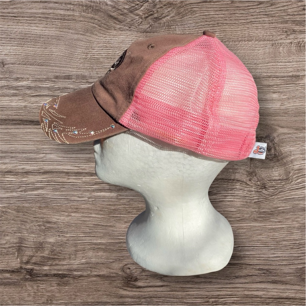 JUSTIN BOOTS WOMENS PINK AND BROWN WESTERN EMBROIDERED BEJEWELED RHINESTONE HAT - Picture 3 of 8
